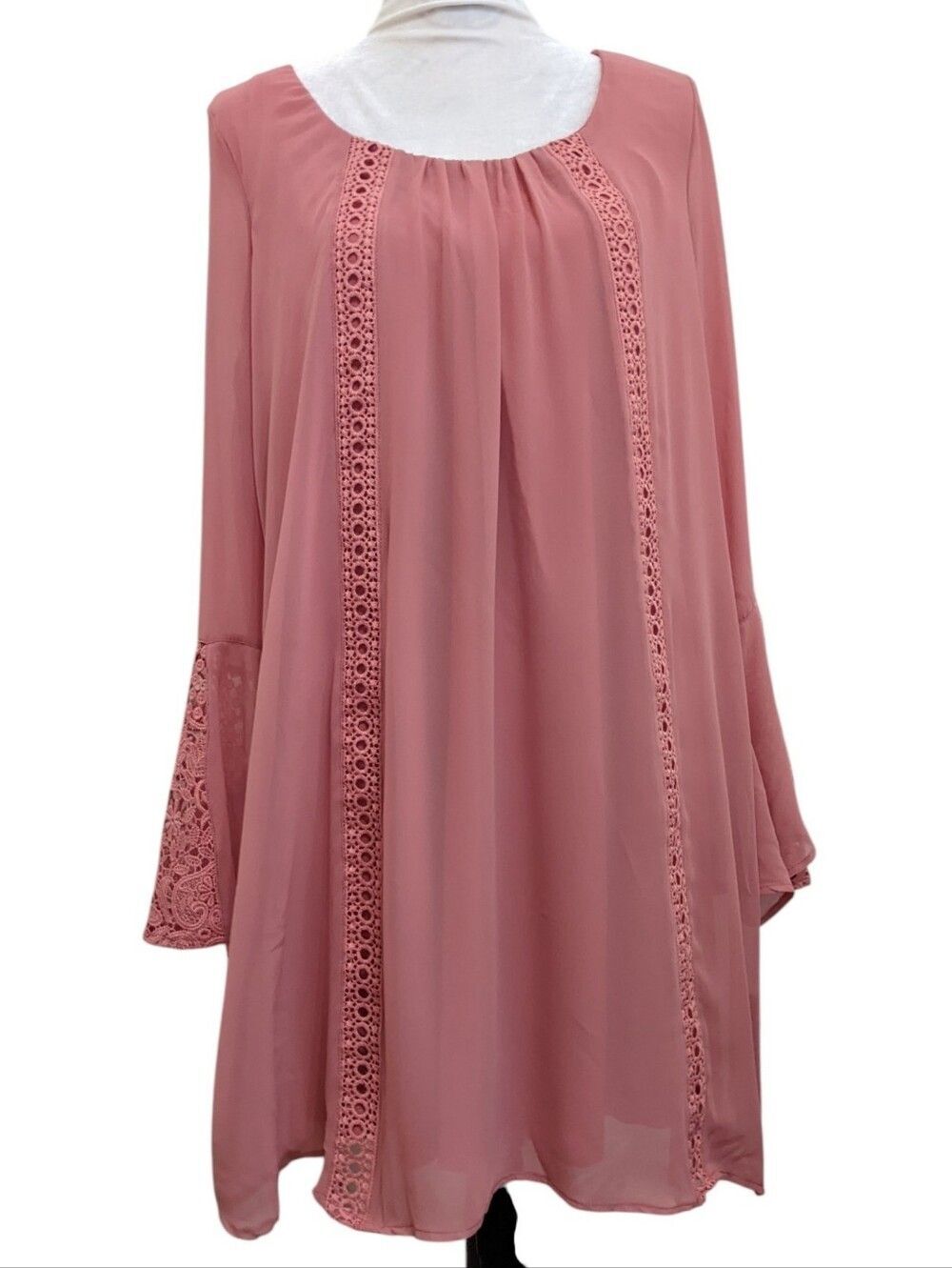 Sequin Hearts Dusty Rose Lace-Trim Oversized Sheer Sleeve Dress Large New